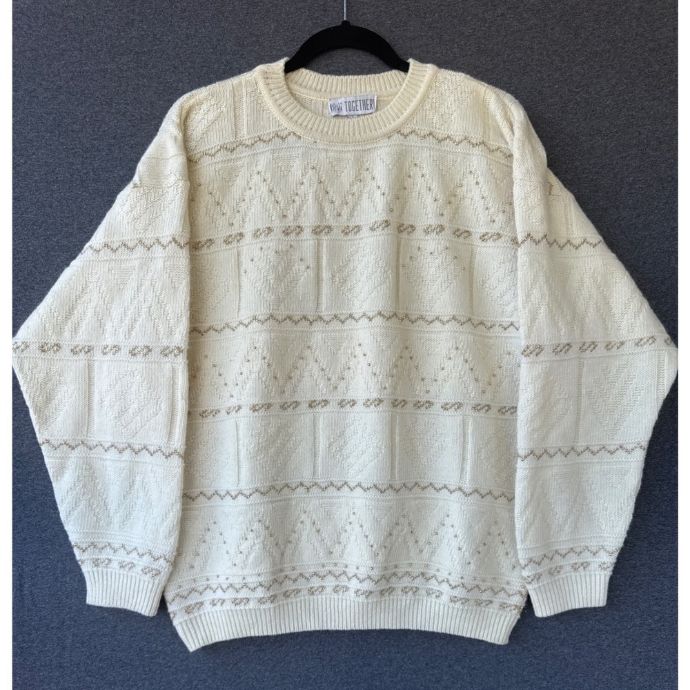 Together! Vintage Cream Wool Blend Beaded Gold Metallic Knit Sweater Women 42/44